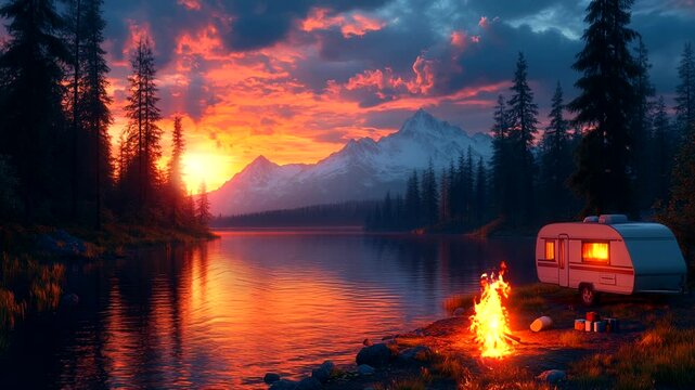 Lakeside camping with caravan and campfire at sunset saemless looping 4k time-lapse animation video background