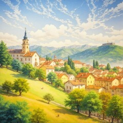 Fototapeta premium Scenic Village Mountainside Historical Architecture Greenery Sky