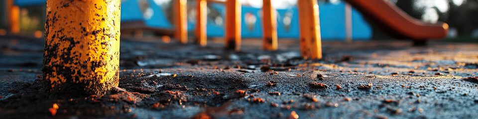 Fototapeta premium Playground Surface with Yellow Metal Posts and Playground Equipment in Background