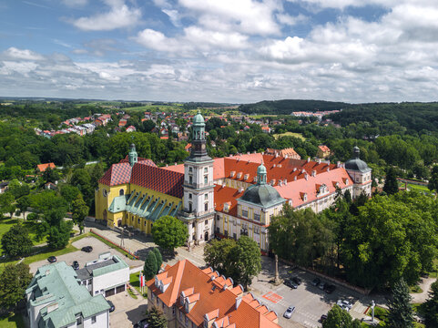 Summer panoramic aerial view of Sanctuary of St. Jadwiga, also known as Trzebnica Abbey (Bazylika i sanktuarium św. Jadwigi w Trzebnicy) in Trzebnica, Dolny Śląsk