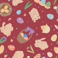 Fotobehang Naadloze herfst Easter holiday seamless pattern. Ornament of cute bunnies, chickens, eggs, spring flowers.  © Olga Sayuk