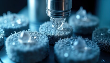 Close-up view of cryogenic electron microscope examining biological samples. High-tech microscope atomic level detail of specimen. Cryo-EM tech creates sharp images. Advanced tech used for research.