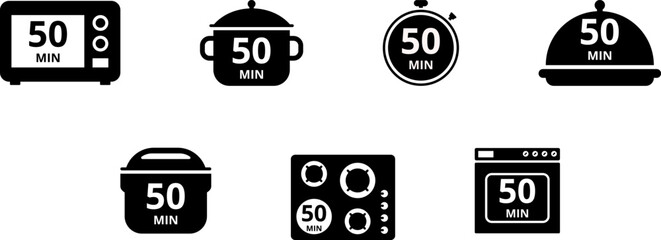 Cooking time and pot, oven, multicooker, microwave, stove, baking dish, saucepan and timer icon set. Cook for 1, 2, 5, 10, 15, 20, 25, 30, 40, 45, 50, 60 minutes vector icon.