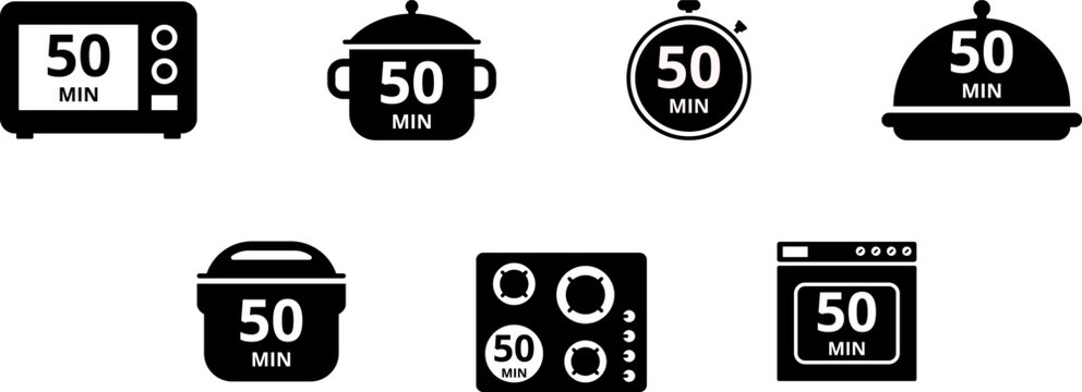 Cooking time and pot, oven, multicooker, microwave, stove, baking dish, saucepan and timer icon set. Cook for 1, 2, 5, 10, 15, 20, 25, 30, 40, 45, 50, 60 minutes vector icon.