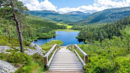 Scenic mountain lake view, wooden stairs, summer hike.  Travel brochure use