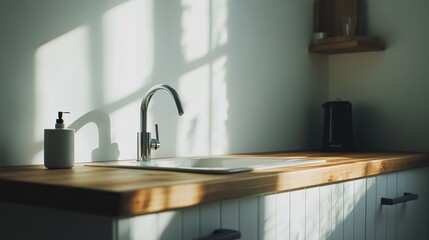 Fototapeta premium A modern kitchen sink with a soap dispenser attached, ready for use