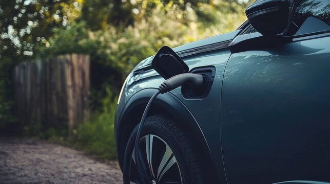 A close-up of an electric car plugged into a charging station, with a modern and sleek design