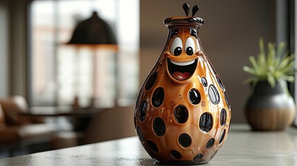 Cheerful ceramic bottle with polka dots and a smiling face, set in a modern café environment with soft lighting