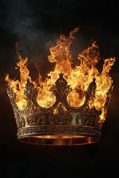Medieval crown burning in flames, smoke and embers