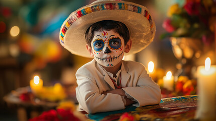 A young boy dressed for Dia de los Muertos with painted face.