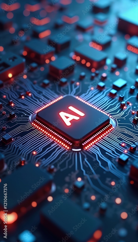 Poster ai chip on circuit board. advanced tech with glowing lines. modern tech concept. digital future. art