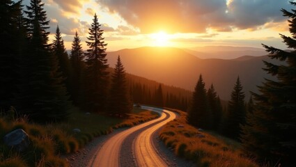 Serene mountain road at sunset