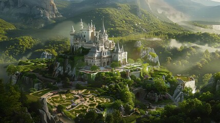 Fototapeta premium A majestic castle perched on a hilltop, surrounded by lush gardens.
