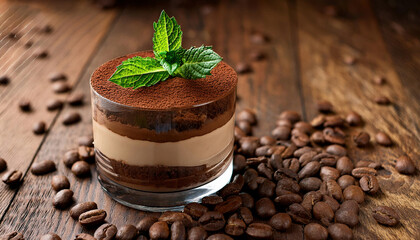 A layered tiramisu dessert in a glass bowl garnished with fresh mint leaves is surrounded by scattered coffee beans on a rustic wooden surface.