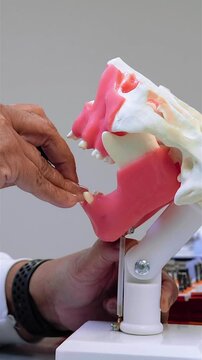 Dental prosthesis in the hands of the doctor close-up. Dentist holding ceramic dental bridge. Front view of complete denture. Dentistry conceptual photo. Prosthetic dentistry. False teeth