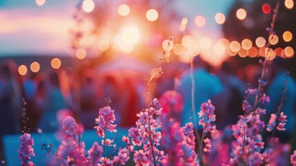 Aesthetic dreamy pastel hues of a sunset summer celebration outdoors.