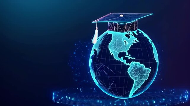 Rotating earth with graduation cap symbolizing global education and knowledge transfer