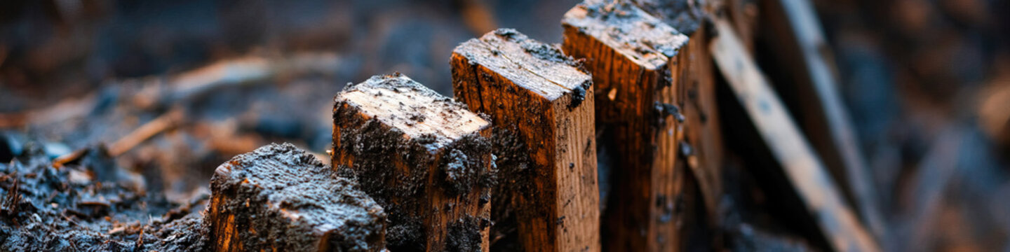 Mud-Covered Wooden Posts in Soil