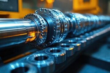 A close-up shot of a machine's gear on a moving conveyor belt