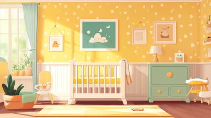 Fototapeta premium A cozy baby room with a crib and soft decorations