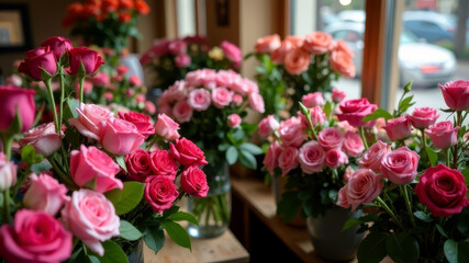 a lot of bouquets of flowers, pink roses on the counter of a flower shop