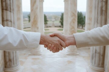 A handshake between two individuals amid grand pillars signifies agreement, unity, and resolution, embodying trust and mutual respect in a historical setting.