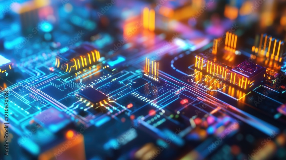 Poster a detailed view of a computer circuit board with various components and wires