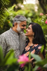 Fototapeta premium A couple standing together in a beautiful garden setting