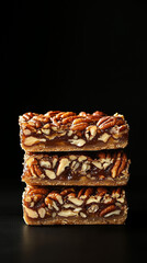 copy space, stockphoto, Pecan pie bars, stacked on top of each other, food photography, delicious, mouthwatering. Mockup for national pecan month, delicious sweet food.