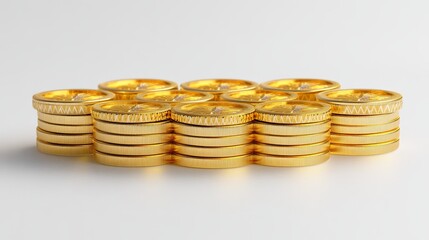 Stacks of shiny golden coins on a clean white surface.

