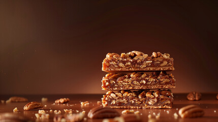 copy space, stockphoto, Pecan pie bars, stacked on top of each other, food photography, delicious, mouthwatering. Mockup for national pecan month, delicious sweet food.