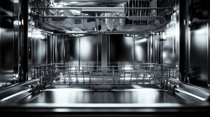 An open and empty dishwasher in a clean modern kitchen.

