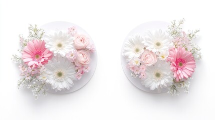 Two floral arrangements, pink and white gerbera daisies, roses, studio shot, white background, wedding decor