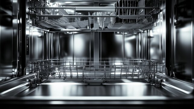 An open and empty dishwasher in a clean modern kitchen.

