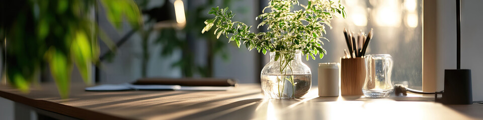 Workspace Still Life: Greenery, Pencils, and Desk Lamp