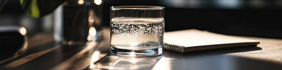 Carbonated Water and Notebook on Table