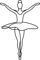 A single line drawing depicts a ballerina in a graceful pose, arms outstretched, wearing a tutu and pointe shoes. The style is minimalist and elegant.