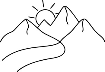 Simple line drawing of mountains and a winding river, with a sun rising behind the peaks. Minimalist style, black lines on white background. Peaceful, scenic artwork.