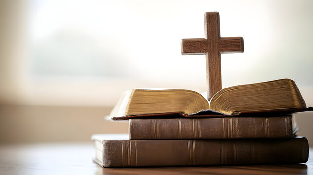 Stack of Religious Books with Wooden Cross in Background Symbolizing Faith and Knowledge : Generative AI