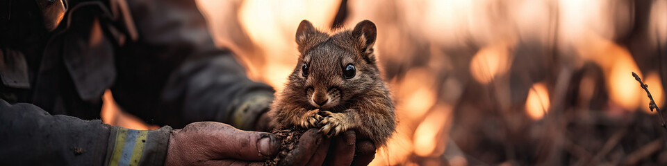Obraz premium Firefighter Rescuing Rodent from Wildfire
