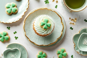 St. patrick’s day cupcake with shamrock decor on elegant plates