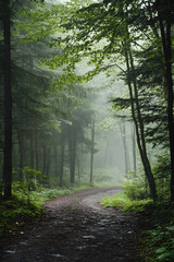 Obraz premium Serene Forest Pathway in Early Morning Fog Surrounded by Lush Greenery : Generative AI