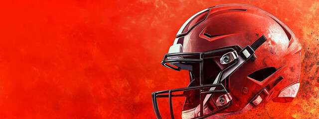 Fototapeta premium American football helmet on a red background. Sport banner, copy space