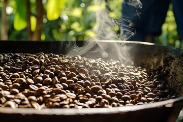 Obraz premium Fresh coffee beans roasted, ground, and brewed into a steaming, aromatic cup coffee.
