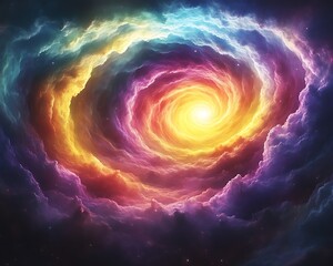 Colorful swirling nebula with bright center.