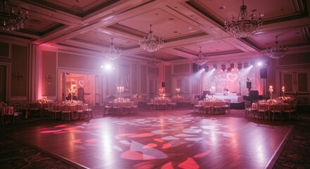 Elegant Wedding Reception Venue with Dance Floor, Tables and Stage Lighting
