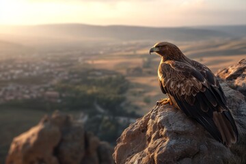 Fototapeta premium A majestic eagle perched on a rocky ledge overseeing a vast landscape, embodying freedom and power at sunset.