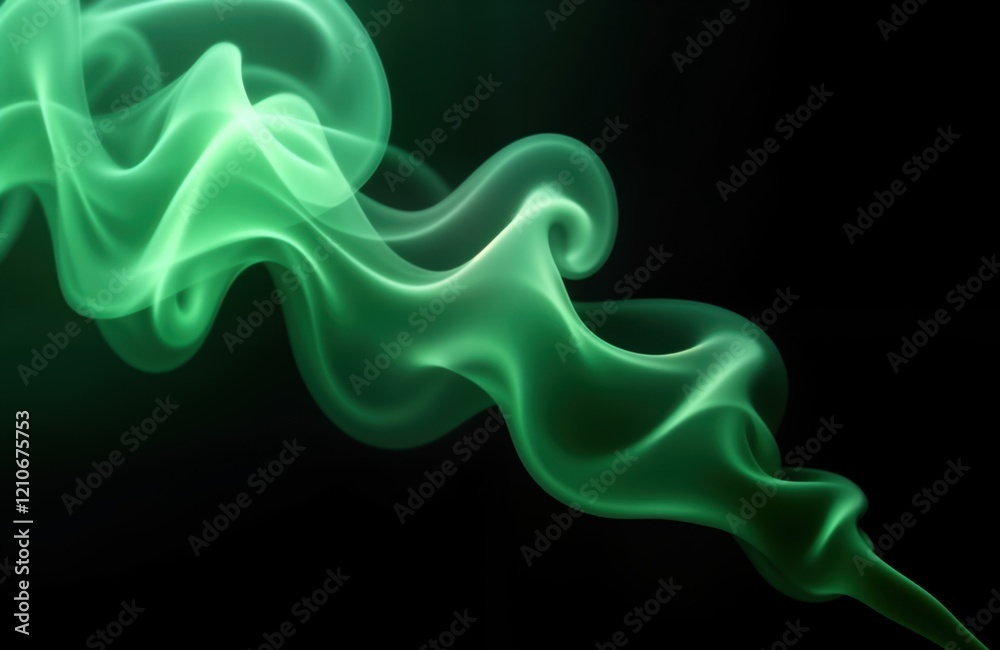 Poster green steam flows in waves against black backdrop. abstract shape. smooth motion. dynamic curves. vi