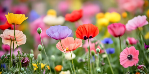 Fototapeta premium Vibrant Spring Meadow with Colorful Blooming Poppies in Natural Garden Setting : Generative AI