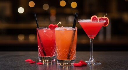 Three Festive Valentine's Day Cocktails on Bar with Red Garnishes